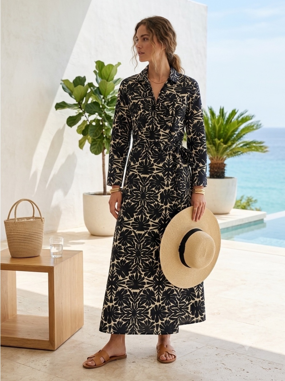 0039 ITALY Black & Cream Floral Print Havanna Cotton Wrap Maxi Dress - Medium